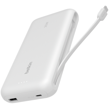 BELKIN 20k PD30W Integrated USB-C Cable Power Bank, White, BPB024HQWH