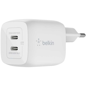 BELKIN 45w PD PPS Dual USB-C GaN Wall Charger, WHT, WCH011VFWH