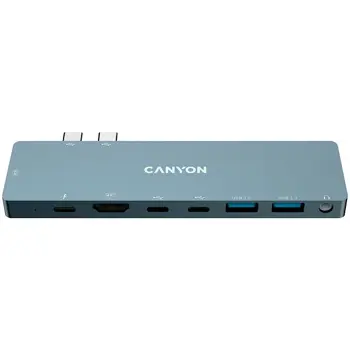 CANYON DS-8 Multiport Docking Station with 8 port, 1*Type C PD100W+2*Type C data+2*HDMI+2*USB3.0+1*Audio. Input 100-240V, Output USB-C PD100W&USB-A 5V/1A, Aluminium alloy, Space gray, 135*48*10mm, 0.0