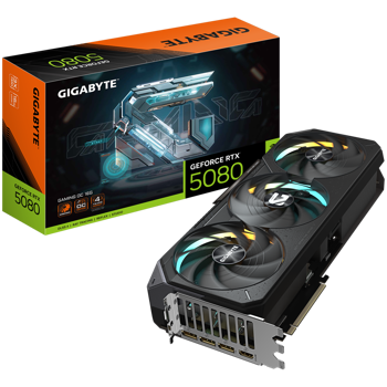 GIGABYTE Video Card NVIDIA GeForce RTX 5080 GAMING OC 16G (16GB GDDR7/256bit, PCI-E 5.0, Recommended PSU 850W, 16Pin Power connector, 3x DP, 1x HDMI) Black/Gray, GV-N5080GAMING OC-16GD