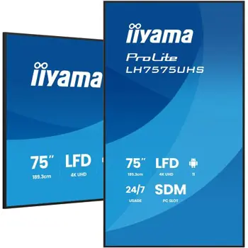 IIYAMA 75" LH7575UHS-B2AG 3840x2160, UHD IPS panel, Haze 25%, 500cd/m2, Landscape and Portrait, Signal FailOver, Speakers 2x 10W, HDMI 3x, DisplayPort, DP-out (MST/Mirror/Tiling), USB 2.0 x2, WiFi, 67