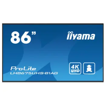 IIYAMA 86" LH8675UHS-B1AG 3840x2160, UHD IPS panel, Haze 25%, 500cd/m2, Landscape and Portrait, Signal FailOver, Speakers 2x 10W, HDMI 3x, DisplayPort, DP-out (MST/Mirror/Tiling), USB 2.0 x2, WiFi, 67