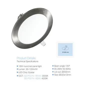 LED plafonijera 18W, 90-100lm/W, 4000K, IP20, inox, 64580