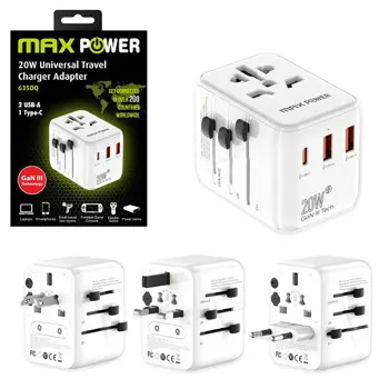 MAXPOWER ADAPTER PUTNI 635DQ Gan 1XPD Type C+2X USB A, BIJELI
