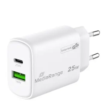 MediaRange fast charging adapter, 25W, 2 x USB (USB-A + USB-C), bijeli