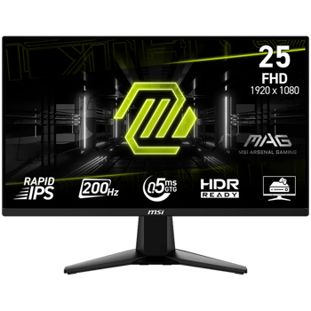 MSI MAG 255F E20, 24.5", Rapid IPS, 1920x1080 (FullHD), 200Hz, 300 Nits, 0.5ms, AMD FreeSync Premium, HDR Ready, 2x HDMI 2.0b, 1x DP 1.2a, 1x Headphone-out, Tilt, VESA, MAG 255F E20