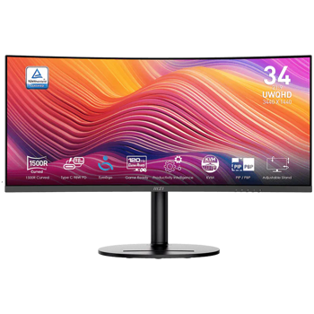 MSI Modern MD342CQP, 34", VA, Curved 1500R, 3440 x 1440 (UWQHD), 120Hz, 1ms/4ms, 300nits, 10 bit, HDR Ready, 2x HDMI, 1x DP, USB Type C w/ 98W PD, Speakers, Tilt, Swivel, Pivot, Height Adjustment, MOD