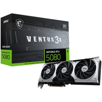 MSI Video Card Nvidia RTX 5080 16G VENTUS 3X OC PLUS (16GB GDDR7/256bit, PCI-E Gen5, 3x DP 2.1, 1x HDMI 2.1, 1x 16-pin Power Connector, 850W recommended PSU, Retail), RTX 5080 16G VENTUS 3X OC PLUS
