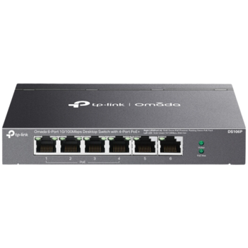 Omada 6-Port 10/100 Mbps Desktop Switch with 4-Port PoE+ PORT: 4× 10/100 Mbps PoE+ Ports, 2× 10/100 Mbps Non-PoE Ports 802.3at/af, 67 W PoE Power, Desktop Steel Case Extend Mode for 250m PoE Transmitt