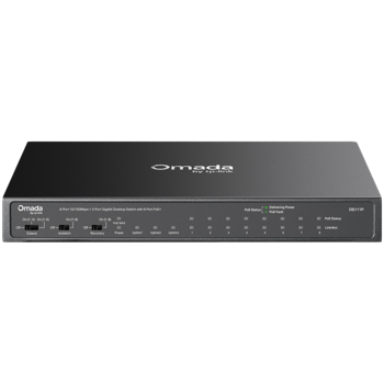 Omada 8-Port 10/100Mbps + 3-Port Gigabit Desktop Switch with 8-Port PoE+ 8× 10/100 Mbps PoE+ Ports, 2× Gigabit Non-PoE Ports, 1× Gigabit SFP Slots 802.3at/af, 65 W PoE Power, Desktop Steel Case Extend