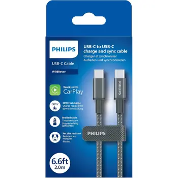 Philips USB-C na USB-C kabel, 2m, 3A, 60W, 480Mbps, DLC5060C/10