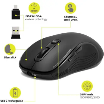 Port miš ESSENTIEL WL+BT, USB-C, punjivi, crni, 910010