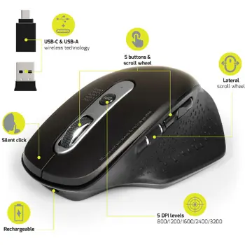 Port miš OFFICE EXE punjivi WL+BT, USB-A/C, crni, 900716