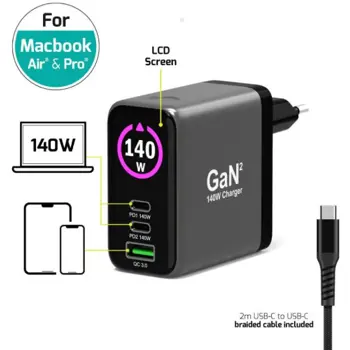 Port zidni punjač 140W type C,GaN2+USB-C kabel 2m, 902140PEU