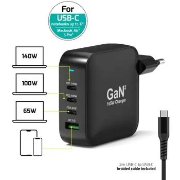 Port zidni punjač 165W type C,GaN2+USB-C kabel 2m, 902165PEU
