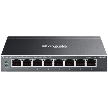 TP-Link ES208GP Omada 8-Port Gigabit Easy Managed Switch with 8-Port PoE+, 8x G PoE+ Ports, 802.3at/af, 64 W PoE Power,  Desktop Steel Case and Fanless,Omada App, Flow Control, Loopback Detection, Por