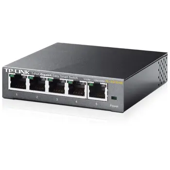 TP-Link TL-SG105E 5-Port Gigabit Desktop Easy Smart Switch, 5 10/100/1000Mbps RJ45 ports, MTU/Port/Tag-based VLAN, QoS, IGMP Snooping, Green technology, Metal Casing, Desktop/Wall mount, TL-SG105E-AS