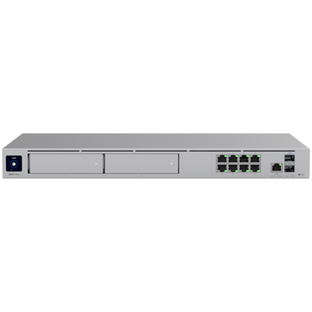 Ubiquiti rack-mount Cloud Gateway with 10 Gbps performance, multi-WAN load balancing, and two NVR drive bays designed for large-scale, multi-application UniFi sites, UDM-PRO-MAX-EU