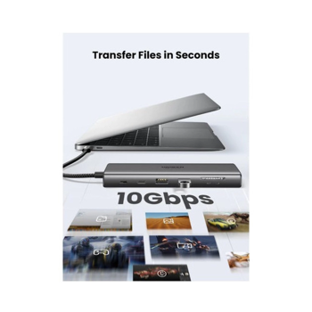 UGREEN 11-portni USB-C HUB na 2xUSB-A 3.2, 2xUSB-C 3.2, 1x AUX 3.5mm, 1x USB-A 3.0, 1x VGA utor, 1x HDMI 60 Hz, 1x RJ45 Ethernet konektor, 1x SD/TF čitač kartica utor, sivi, 70886