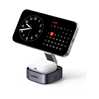 UGREEN 2in1 Qi2 Magnetic Foldable punjač, 15W, za Iphone 12-16, AirPods 3/2/Pro, sivi, 67946