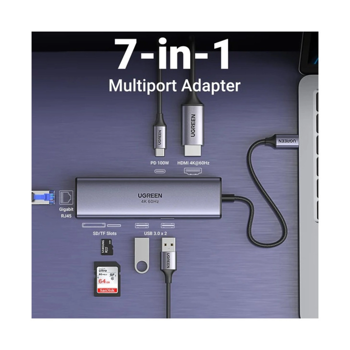 UGREEN 7-portni USB-C HUB na 2xUSB-A 3.2, 2xUSB-C 3.2, 1xUSB-C za napajanje, 2x HDMI 60 Hz, 1x RJ45 Ethernet konektor, sivi, 70885
