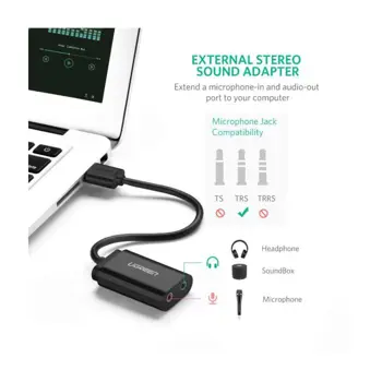 UGREEN adapter USB-A na 3.5mm, crni, 15cm, 67593