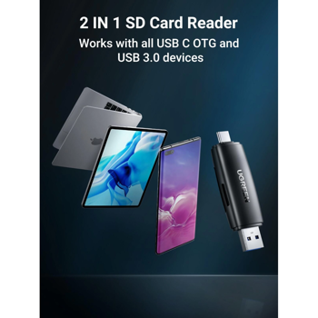 UGREEN čitač memorijskih kartica USB-C + A, TF/SD kartice, crni, 66326