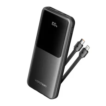 Vention 10000mAh Power Bank (Micro-USB USB-C USB-A USB-A) with Built-in USB-C and Lightning Cables 22.5W Black LED Display Type, VEN-FHOB0