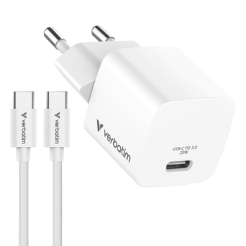 Verbatim Mini GaN punjač 20W PD3.0  s kabelom USB-C 1.0m , bijeli, V032396