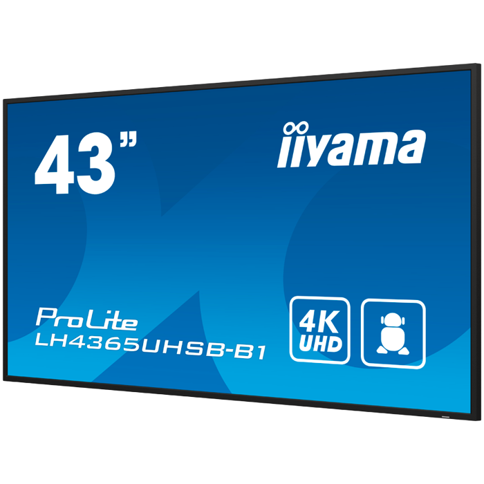 43" 3840x2160, UHD IPS, Haze 1%, 800cd/m2, Signal FailOver, SP 2x 10W, HDMI 2x, DP, USB 2.0 x2, WiFi, LAN, Media Play USB Port, Control LAN / RS232C, iiSignage2 (CMS/DMS), E-Share, Android 11 OS, 24/7