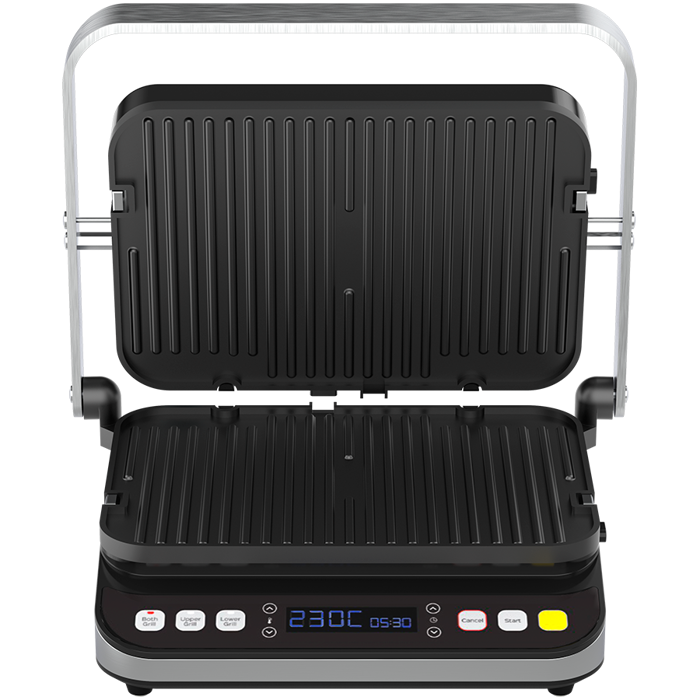 AENO Electric Grill EG1: 2000W, 3 heating modes - Upper Grill, Lower Grill, Both Grills Defrost, Max opening angle -180°, Temperature regulation, Timer, Removable double-sided plates, Plate size 32