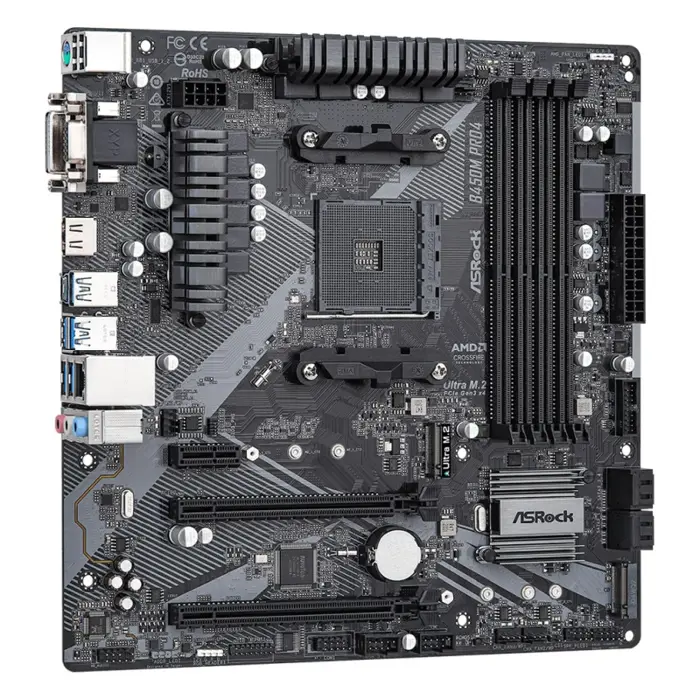ASRock AMD B450M Pro4 R2.0, S.AM4, DDR4/3200, PCIe 3.0, G-LAN, D-SUB/DVI-D/HDMI, mATX, 62694