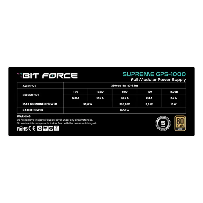 BIT FORCE napajanje 1000W 80+ GOLD SUPREME GPS-1000, modularno, ATX 3.1, PCI-E 5.1, FDB, 76226