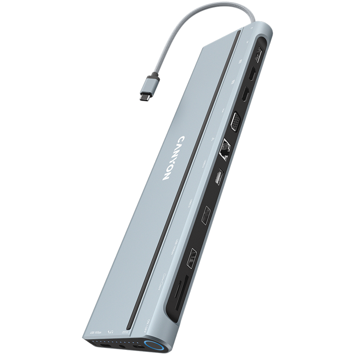 Canyon 14 in 1 hub, with Type C female *2,Type C male *1:max 10Gbps,USBA*3:max 10Gbps,DP*1,VGA*1,SD card slot*1,TF card slot*1,Audio 3.5 audio*1,HDMI*2,RJ45*1,cable length 0.20m,Aluminum alloy housing