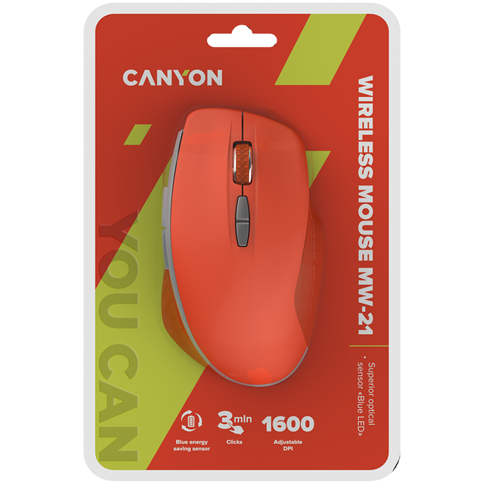 Canyon 2.4 GHz Wireless mouse ,with 7 buttons, DPI 800/1200/1600, Battery:AAA*2pcs ,Red 72*117*41mm 0.075kg