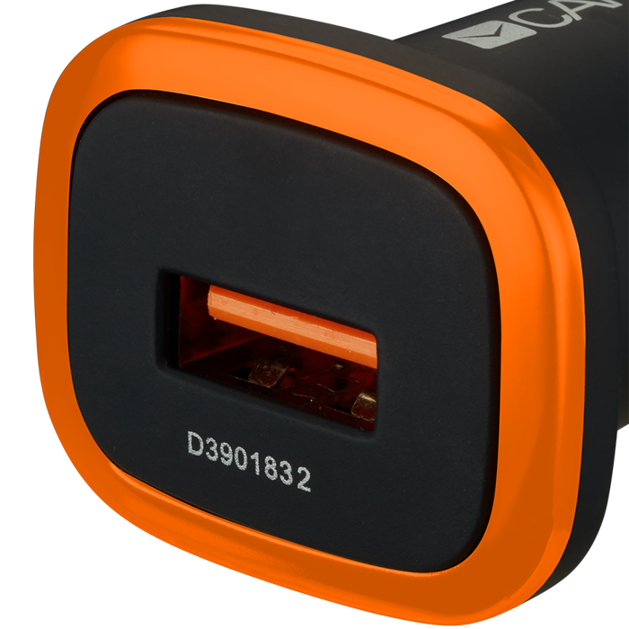 CANYON C-01 Universal 1xUSB car adapter, Input 12V-24V, Output 5V-1A, black rubber coating with orange electroplated ring(without LED backlighting), 51.8*31.2*26.2mm, 0.016kg