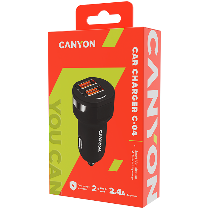 CANYON C-04 Universal 2xUSB car adapter, Input 12V-24V, Output 5V-2.4A, with Smart IC, black rubber coating with silver electroplated ring, 59.5*28.7*28.7mm, 0.019kg