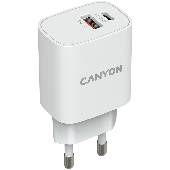 CANYON H-20-04, PD 20W/QC3.0 18W WALL Charger with 1-USB A+ 1-USB-C Input: 100V-240V, Output: 1 port charge: USB-C:PD 20W (5V3A/9V2.22A/12V1.67A) , USB-A:QC3.0 18W (5V3A/9V2.0A/12V1.5A), 2 port char