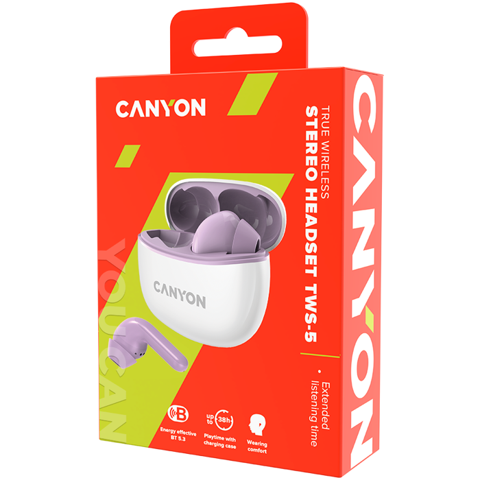 Canyon TWS-5 Bluetooth headset, with microphone, BT V5.3 JL 6983D4, Frequence Response:20Hz-20kHz, battery EarBud 40mAh*2+Charging Case 500mAh, type-C cable length 0.24m, size: 58.5*52.91*25.5mm, 0.03