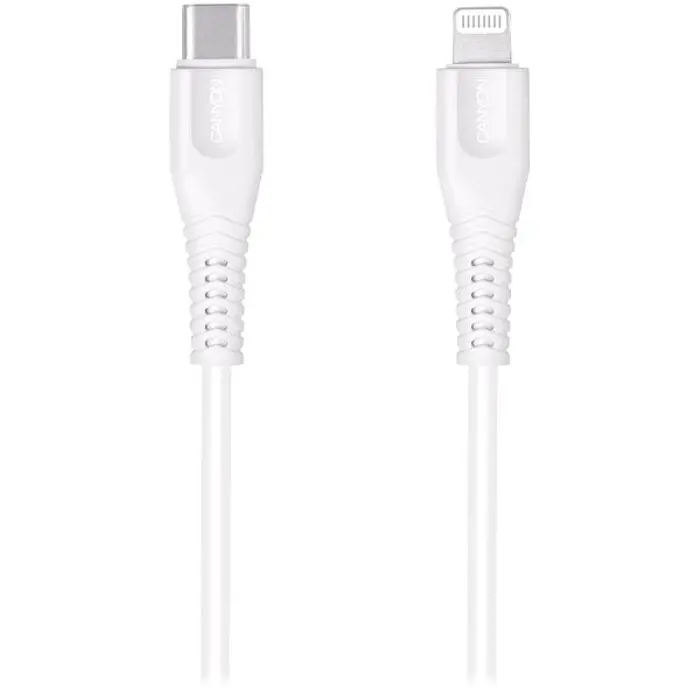 CANYON Type C Cable To MFI Lightning for Apple, PVC Mouling,Function: with full feature( data transmission and PD charging) Output:5V/2.4A, OD:3.5mm, cable length 1.2m, 0.026kg,Color:White