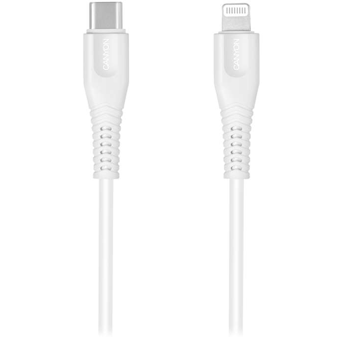 CANYON Type C Cable To MFI Lightning for Apple, PVC Mouling,Function: with full feature( data transmission and PD charging) Output:5V/2.4A, OD:3.5mm, cable length 1.2m, 0.026kg,Color:White