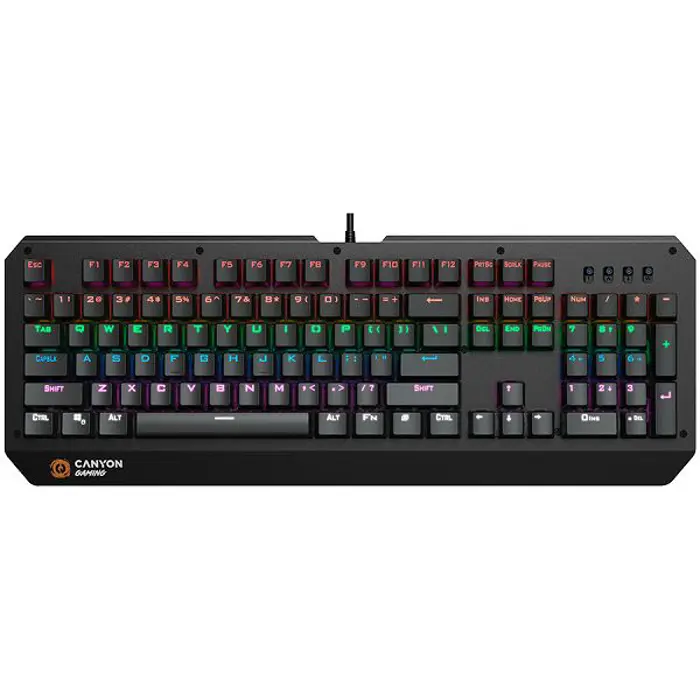 CANYON Wired multimedia gaming keyboard with lighting effect, 108pcs rainbow LED, Numbers 104keys, EN double injection layout, cable length 1.8M, 450.5*163.7*42mm, 0.90kg, color black