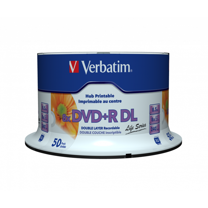 DVD+R DL Verbatim 8.5GB 8× Wide PRINTABLE (No-ID) 50 pack spindle, V097693