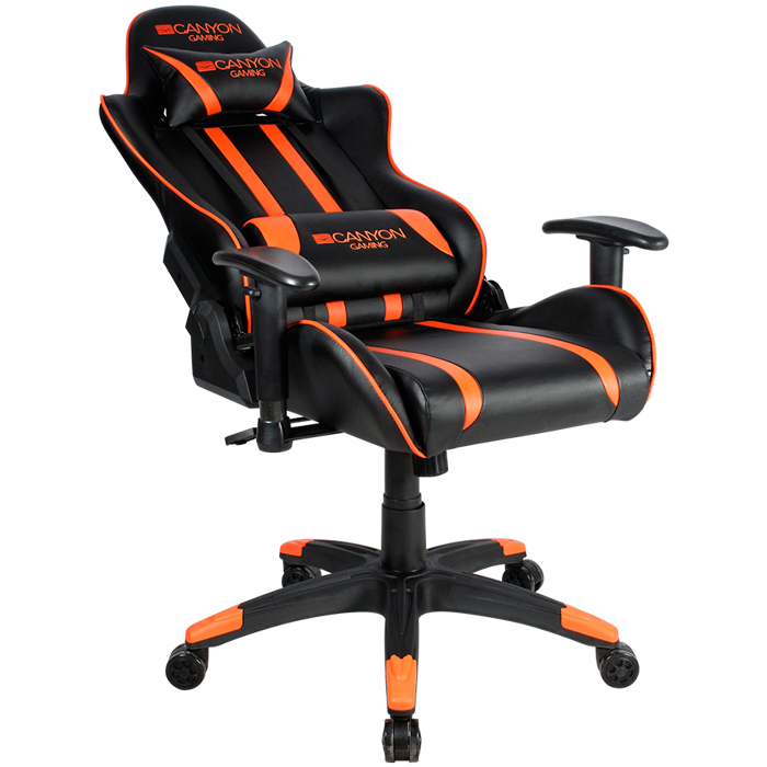 Gaming chair, PU leather, Cold molded foam, Metal Frame, Butterfly mechanism, 90-150 dgree, 2D armrest, Class 4 gas lift, Nylon 5 Stars Base, 60mm PU caster, black+Orange.
