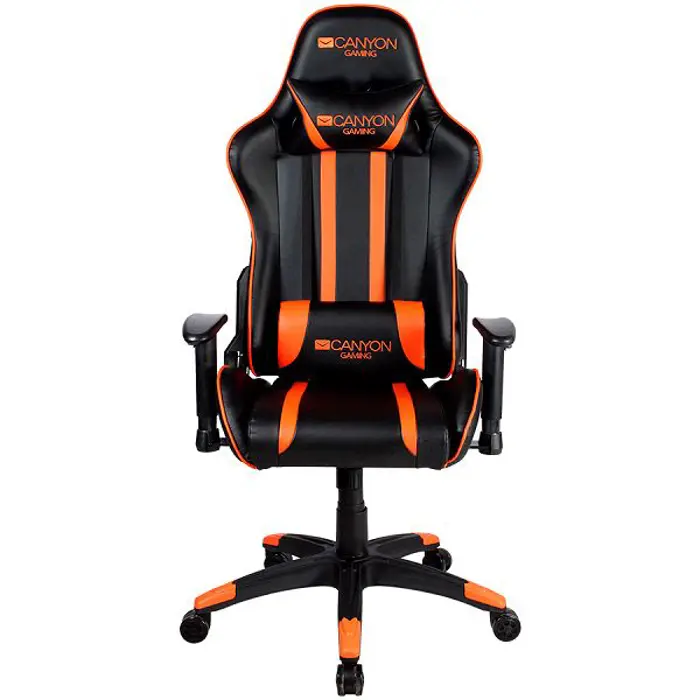 Gaming chair, PU leather, Cold molded foam, Metal Frame, Butterfly mechanism, 90-150 dgree, 2D armrest, Class 4 gas lift, Nylon 5 Stars Base, 60mm PU caster, black+Orange.