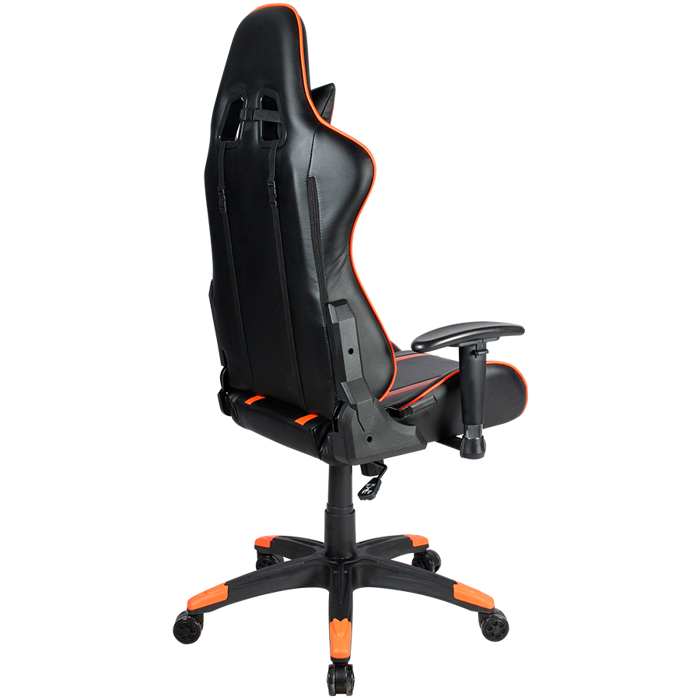 Gaming chair, PU leather, Cold molded foam, Metal Frame, Butterfly mechanism, 90-150 dgree, 2D armrest, Class 4 gas lift, Nylon 5 Stars Base, 60mm PU caster, black+Orange.