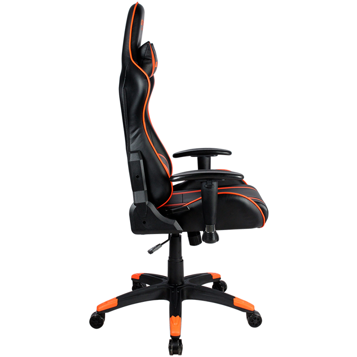 Gaming chair, PU leather, Cold molded foam, Metal Frame, Butterfly mechanism, 90-150 dgree, 2D armrest, Class 4 gas lift, Nylon 5 Stars Base, 60mm PU caster, black+Orange.