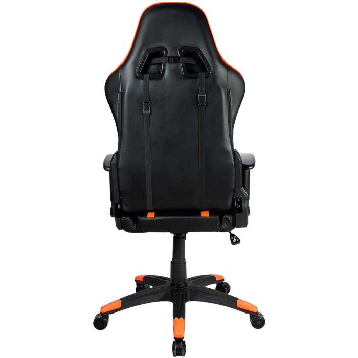 Gaming chair, PU leather, Cold molded foam, Metal Frame, Butterfly mechanism, 90-150 dgree, 2D armrest, Class 4 gas lift, Nylon 5 Stars Base, 60mm PU caster, black+Orange.