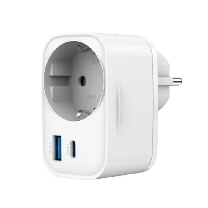 Gembird 2-port USB fast charger with pass-through AC socket, 20W, white, GEM-TA-ACPDQC20-01-W