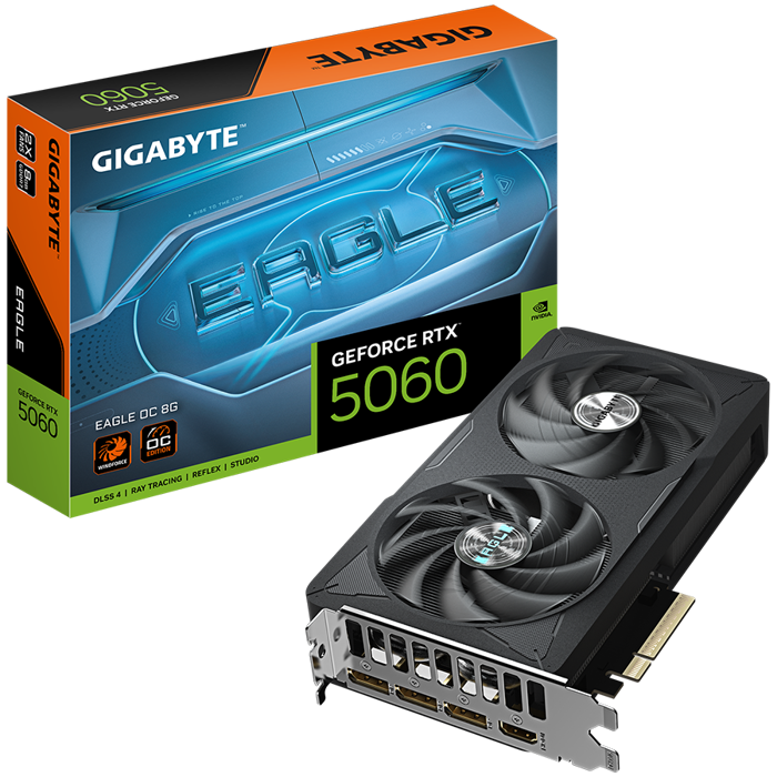 GIGABYTE Video Card NVIDIA GeForce RTX 5060 EAGLE OC 8G (8GB GDDR7/128bit, PCI-E 5.0, 1x 8Pin Power connector, Recommended PSU 450W, 3xDP, 1x HDMI, Retail), GV-N5060EAGLE OC-8GD